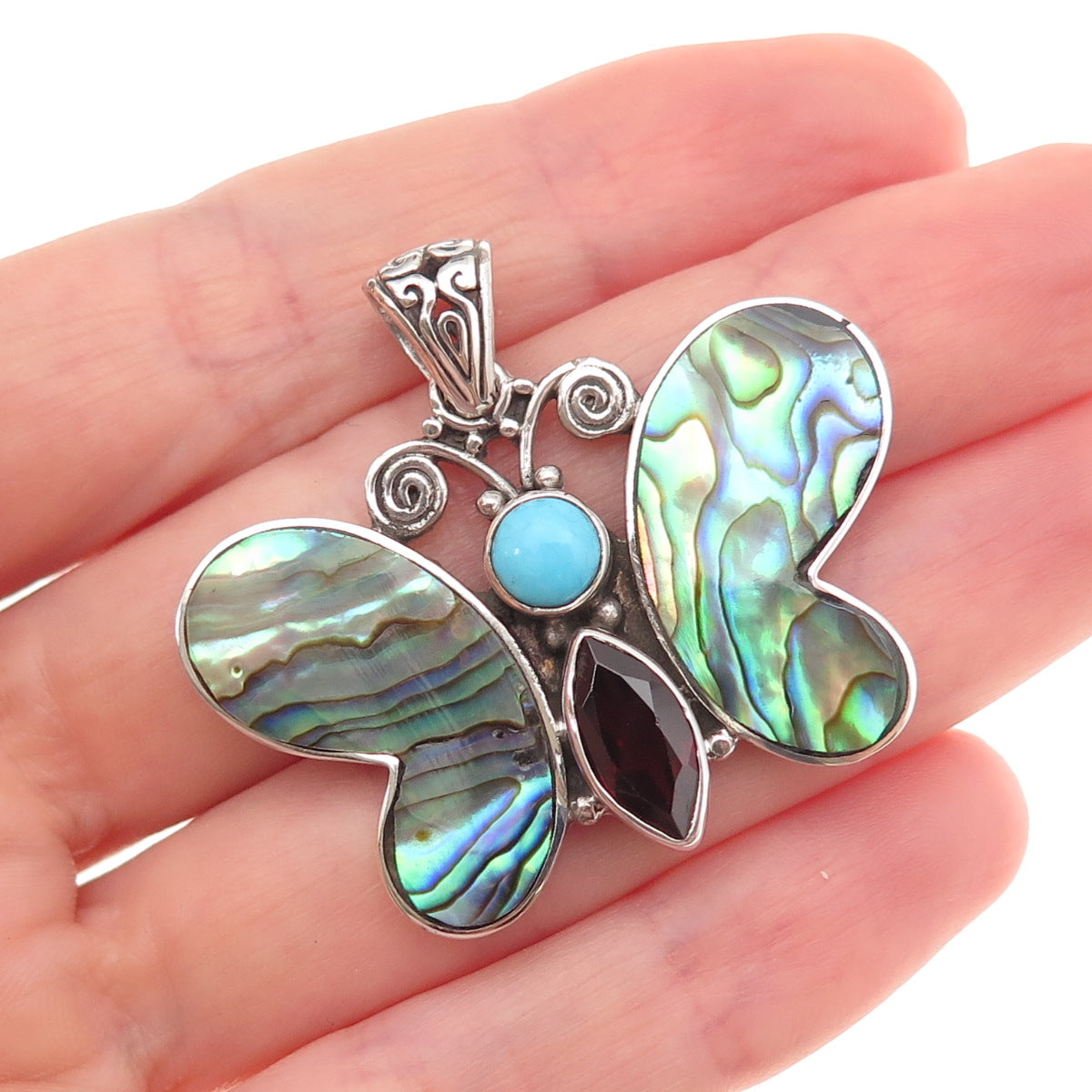 925 Sterling Vintage Real Turquoise Abalone Shell Red Garnet Butterfly Pendant