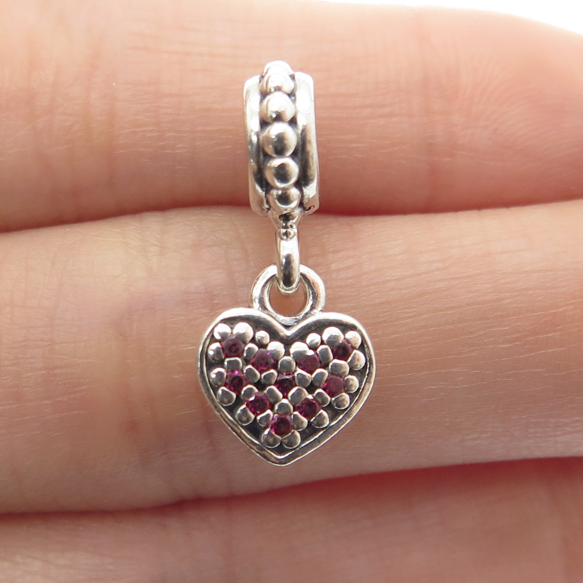 PANDORA 925 Sterling Silver Pink C Z Heart Dangle Bead Charm