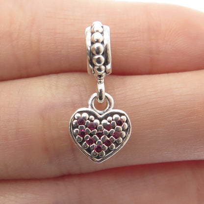 PANDORA 925 Sterling Silver Pink C Z Heart Dangle Bead Charm