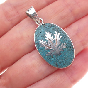 925 Sterling Silver Vintage Mexico Real Turquoise Inlay Cannabis Leaf Pendant