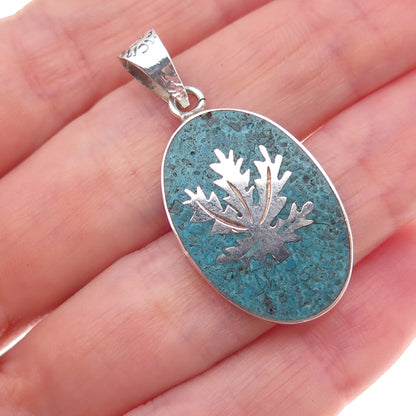 925 Sterling Silver Vintage Mexico Real Turquoise Inlay Cannabis Leaf Pendant