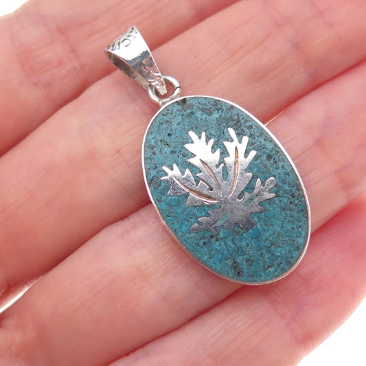 925 Sterling Silver Vintage Mexico Real Turquoise Inlay Cannabis Leaf Pendant