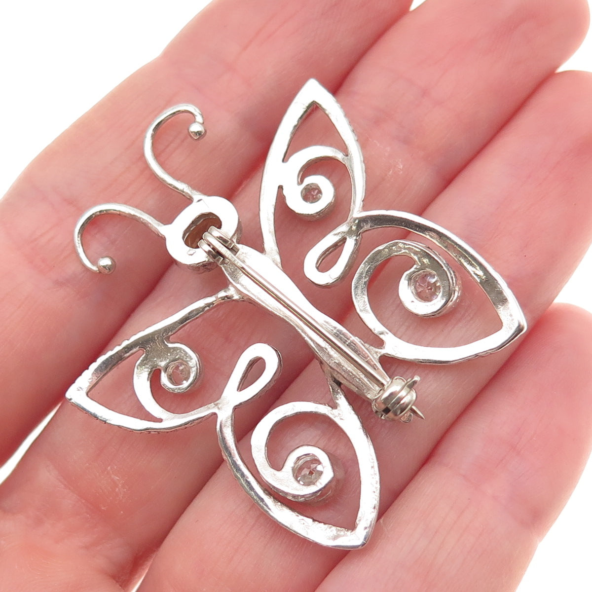 925 Sterling Silver Vintage Real Smoky Quartz & C Z Butterfly Pin Brooch