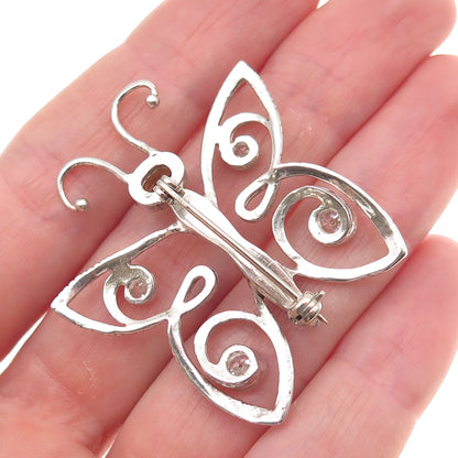 925 Sterling Silver Vintage Real Smoky Quartz & C Z Butterfly Pin Brooch