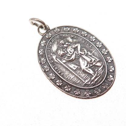 925 Sterling Silver Antique Art Deco St. Christopher Clover Good Luck Pendant