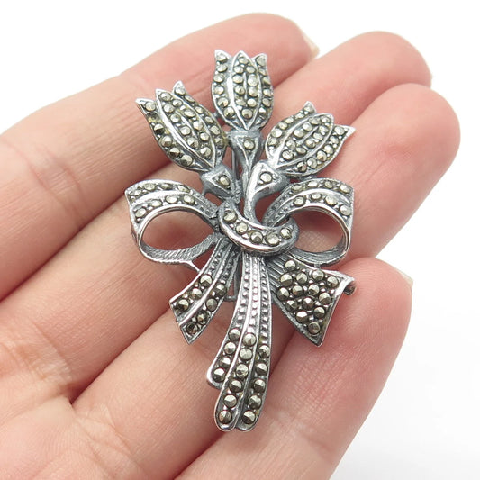 925 Sterling Silver Vintage Real Marcasite Gemstone Tulip Floral Pin Brooch