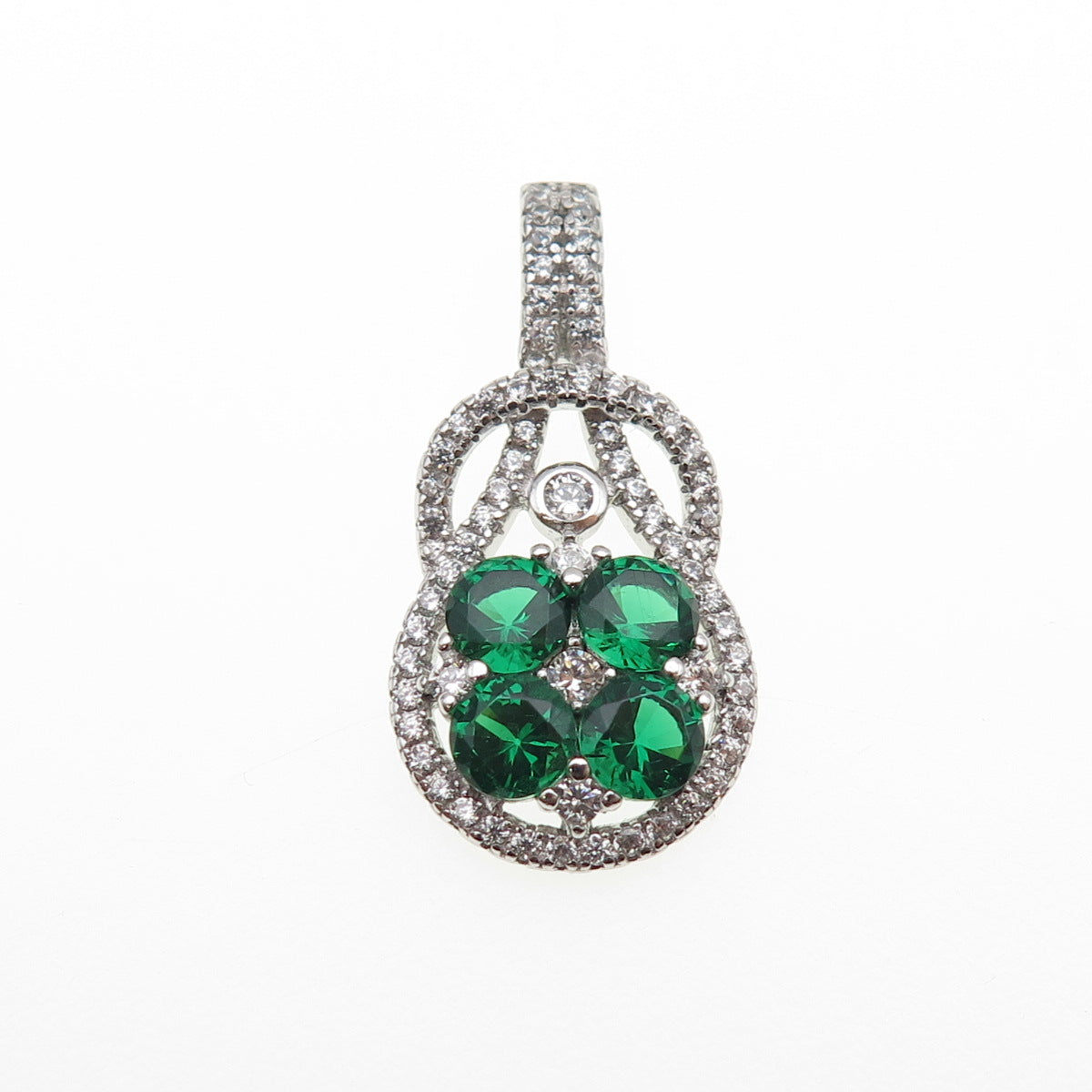 925 Sterling Silver Real Round-Cut Chrome Diopside & C Z Charm Pendant