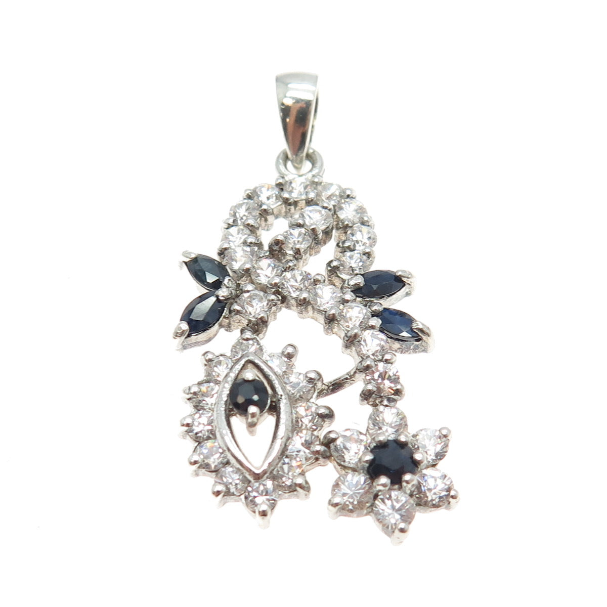 925 Sterling Silver Vintage Real Sapphire Gemstone & C Z Pendant