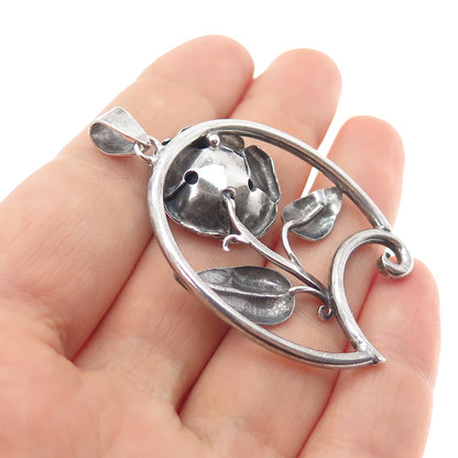 925 Sterling Silver Vintage Belle Rose Oxidized Charm Pendant