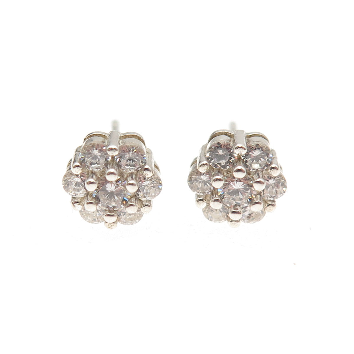 925 Sterling Silver Round-Cut C Z Floral Stud Earrings