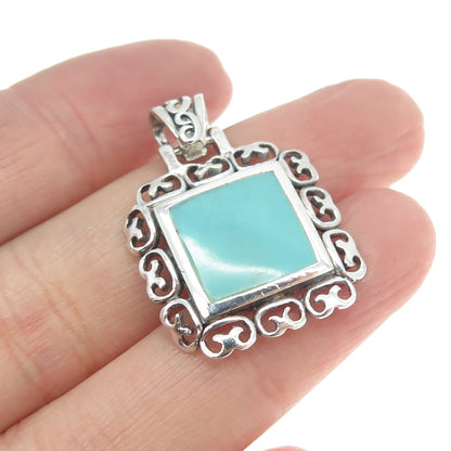 925 Sterling Silver Vintage Real Turquoise Ornate Square Pendant