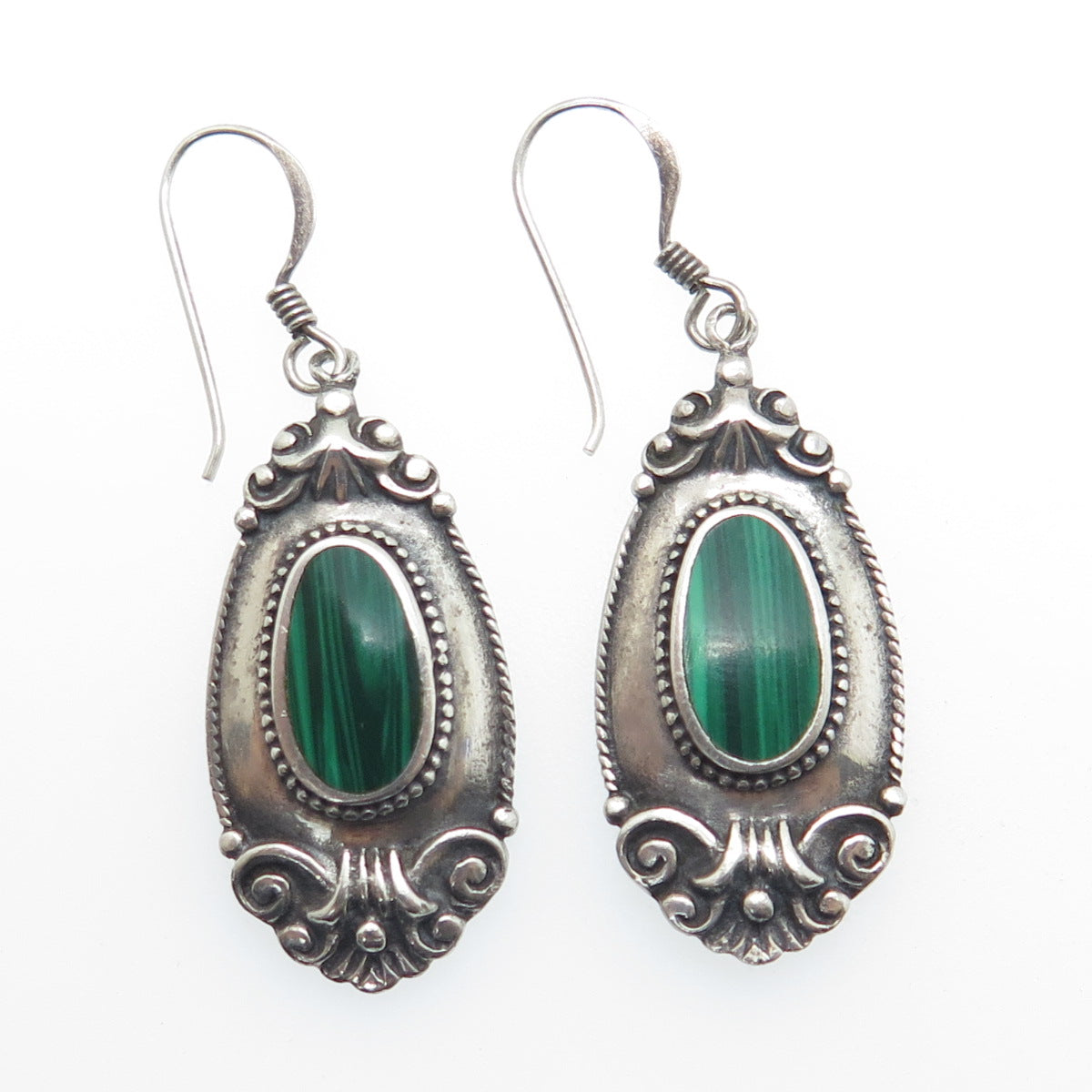 BOMA 925 Sterling Silver Vintage Real Malachite Floral Dangle Oxidized Earrings