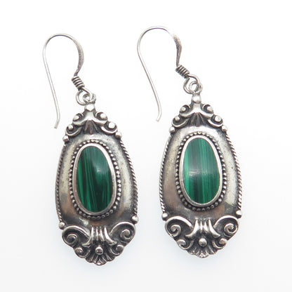 BOMA 925 Sterling Silver Vintage Real Malachite Floral Dangle Oxidized Earrings