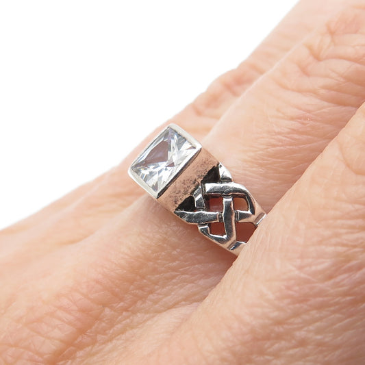 925 Sterling Silver Vintage Princess-Cut C Z Celtic Knot Ring Size 8.25