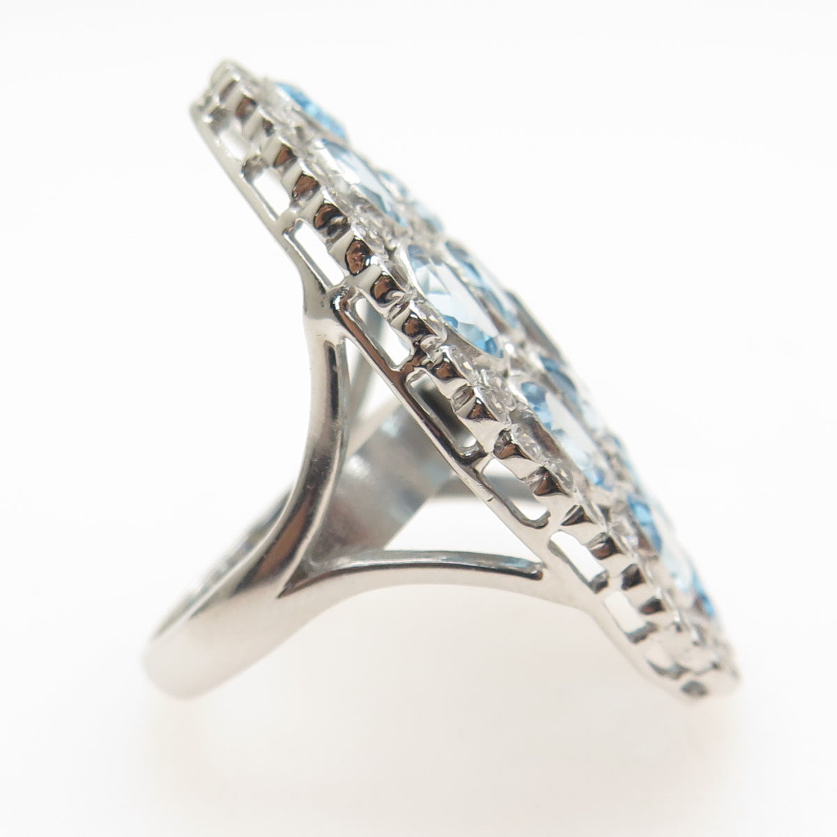 925 Sterling Silver Real Oval-Cut Blue Round-Cut White Topaz Cluster Ring Size 7