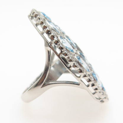 925 Sterling Silver Real Oval-Cut Blue Round-Cut White Topaz Cluster Ring Size 7