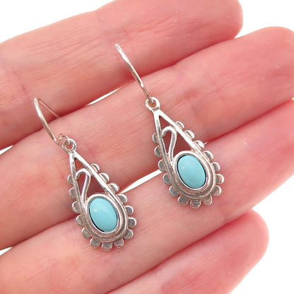 925 Sterling Silver Vintage Real Turquoise Teardrop Oxidized Dangle Earrings