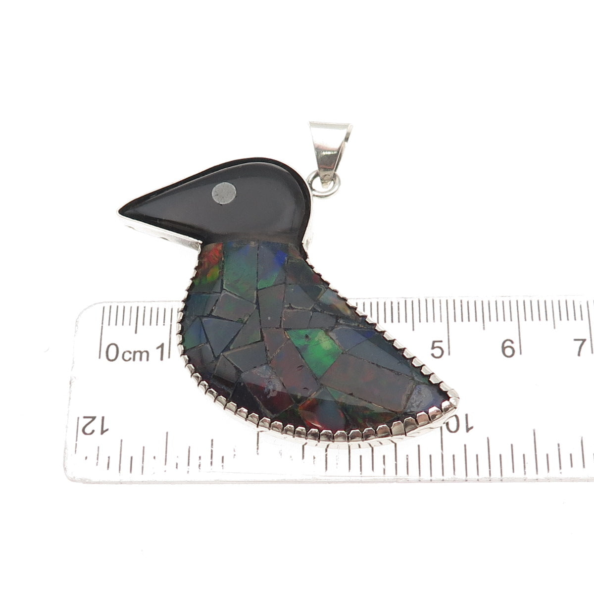 925 Sterling Silver Vintage Real Black Onyx & Opal Inlay Modernist Bird Pendant