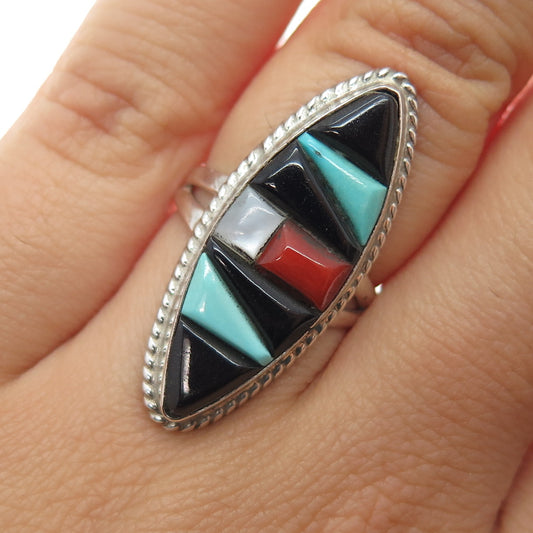 Old Pawn Sterling Silver Vintage Turquoise Coral Black Onyx & MOP Ring Size 5.5