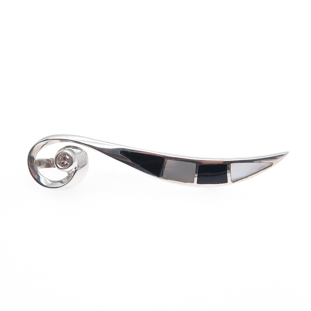 925 Sterling Silver Vintage Real Black Onyx White Topaz MOP Pin Brooch / Pendant