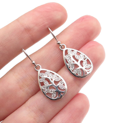 925 Sterling Silver Vintage Round-Cut C Z Floral Teardrop Dangle Earrings