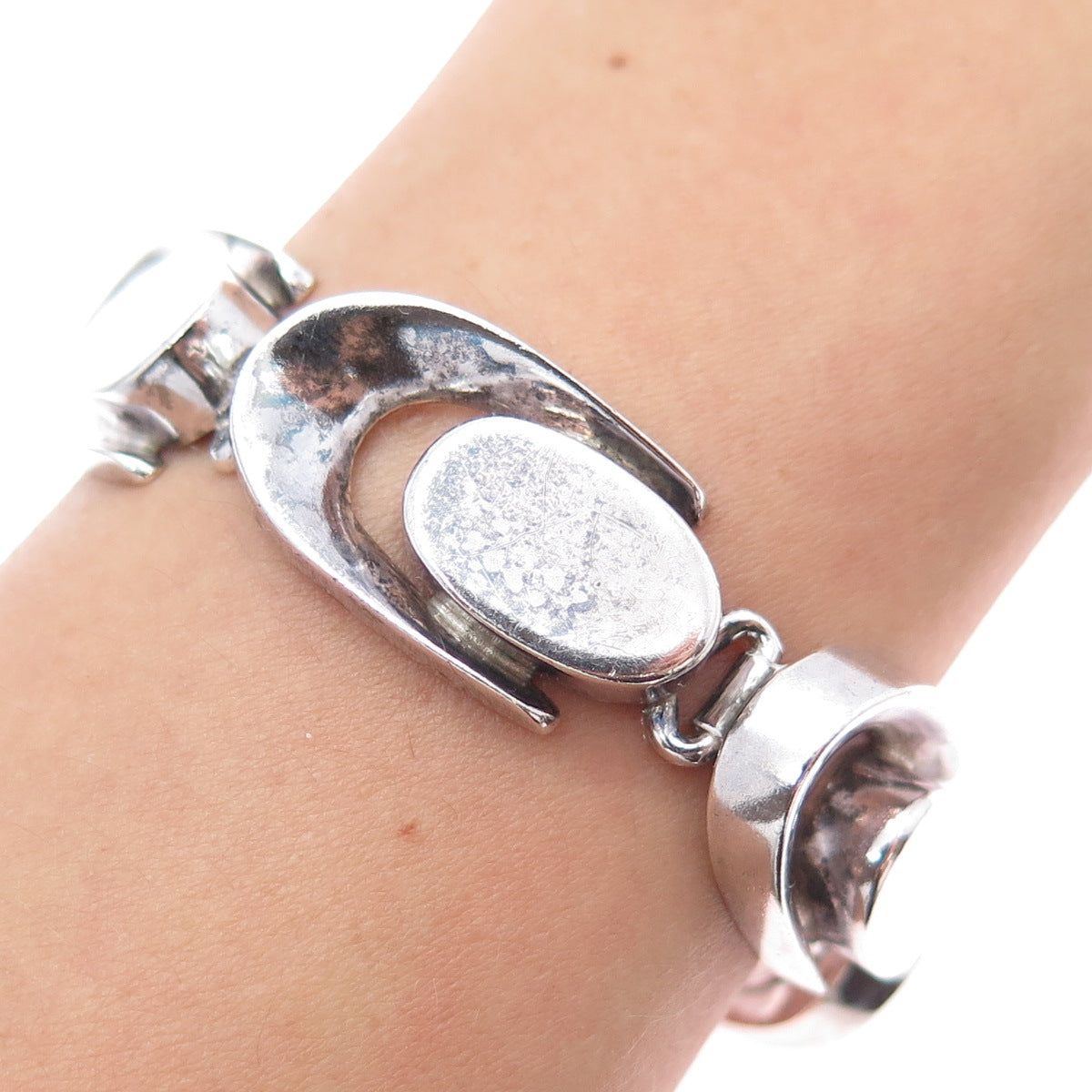 925 Sterling Silver Vintage Mexico Heavy 58.5g Modernist Oxidized Bracelet 6.75"