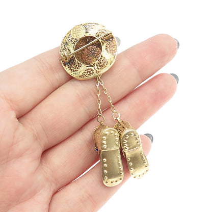 925 Sterling Silver Gold Plated Vintage Portugal Enamel Hat Boots Dangle Brooch