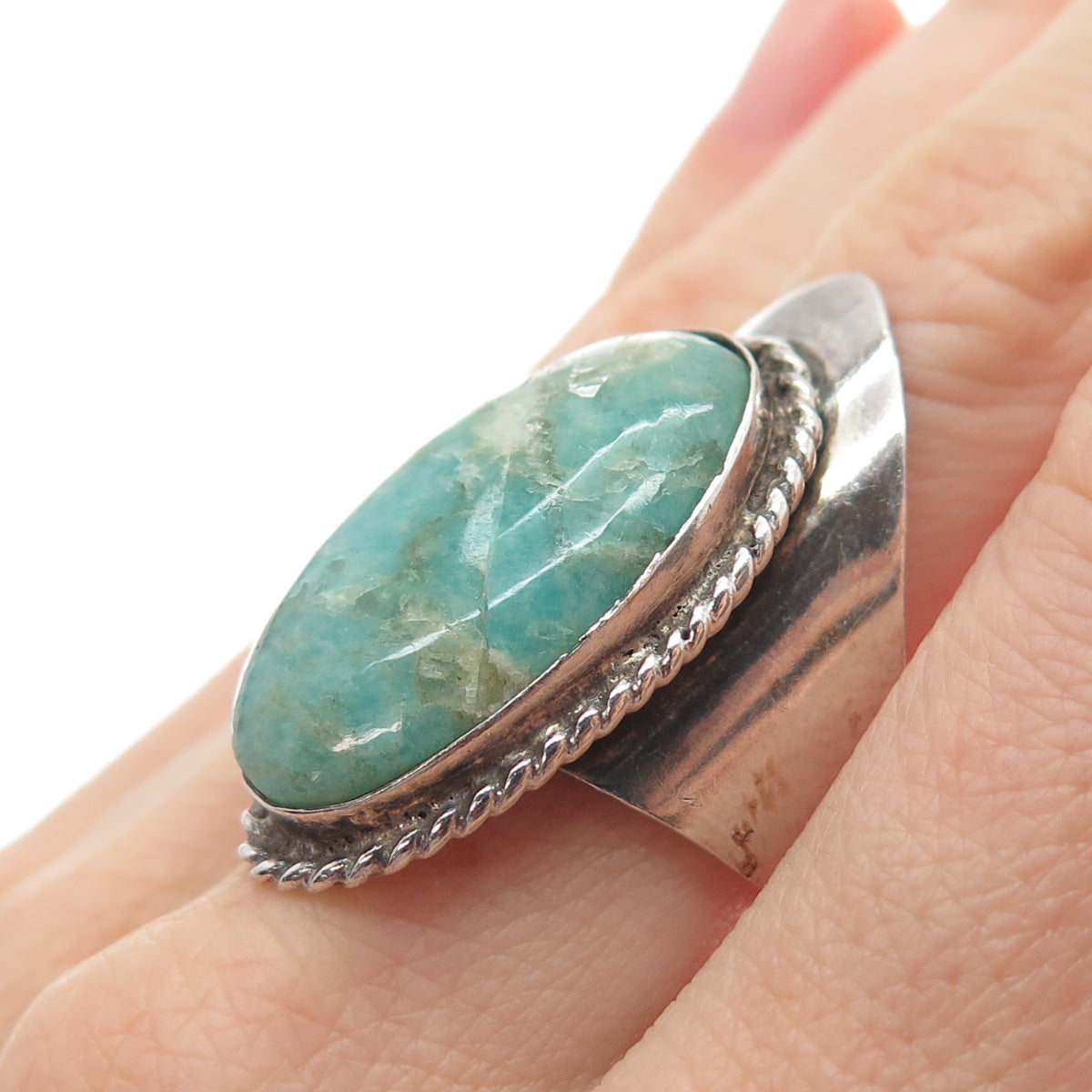 925 Sterling Silver Vintage Mexico Real Amazonite Adjustable Ring Size 8.75