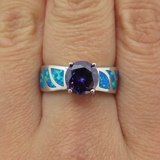 925 Sterling Silver Vintage Real Opal & Amethyst Ring Size 7.75