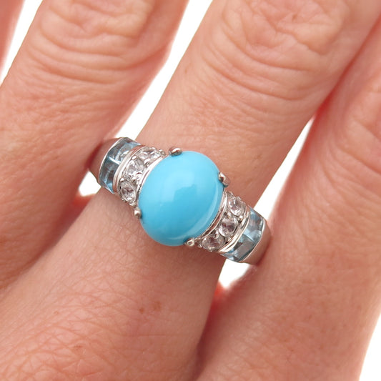 Chuck Clemency 925 Sterling Silver Real Turquoise Blue & White Topaz Ring Size 8