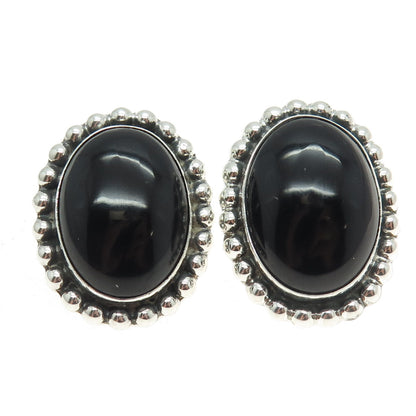 925 Sterling Silver Vintage CII Mexico Real Cabochon Black Onyx Beaded Earrings