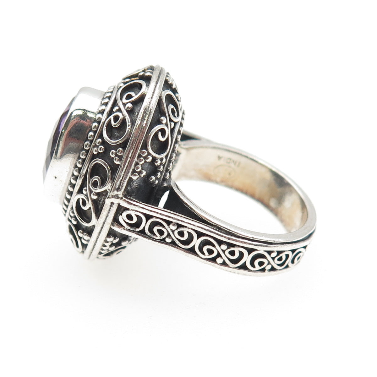 925 Sterling Silver Vintage Real Amethyst Scroll Oxidized Ring Size 7