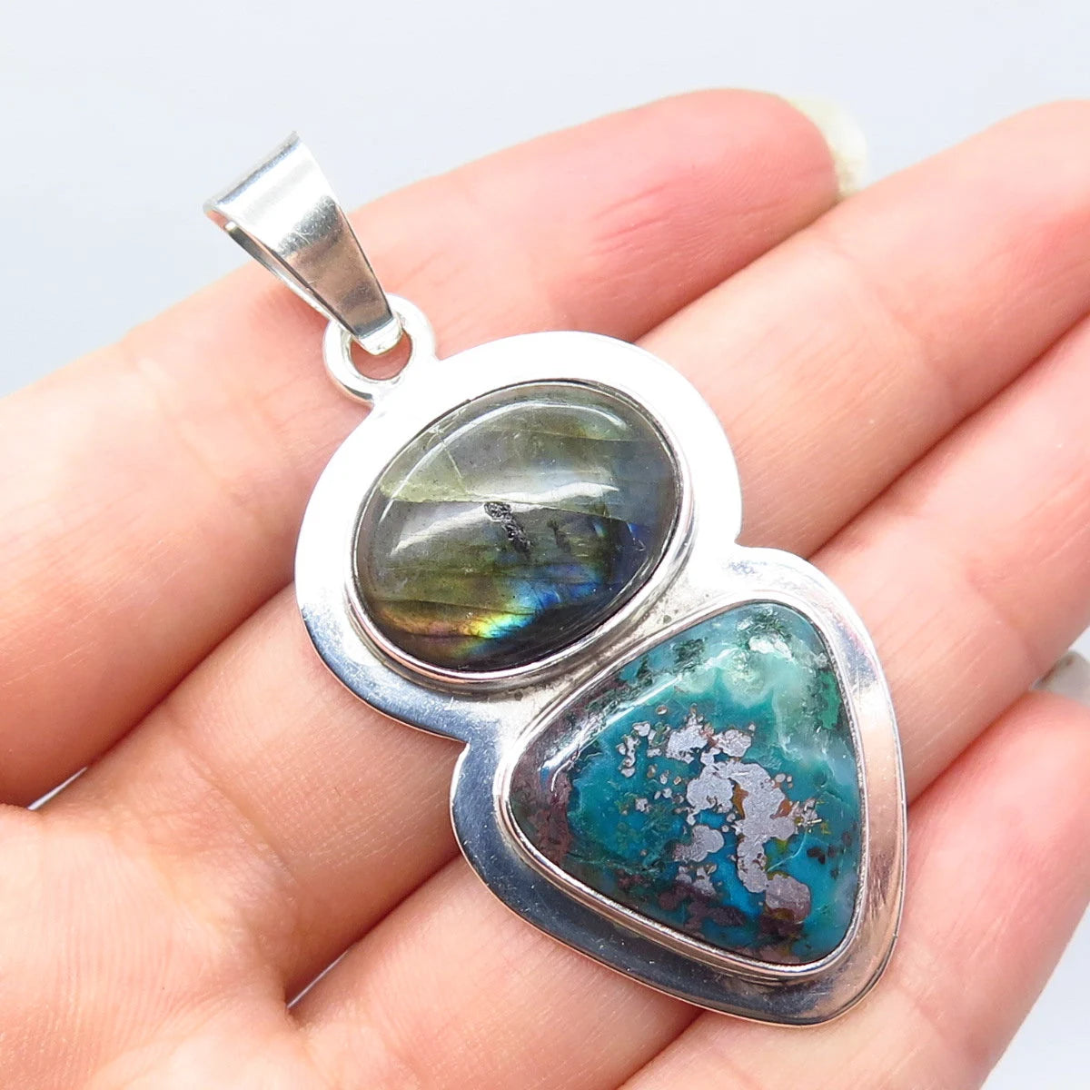 925 Sterling Silver Vintage Real Labradorite & Agate Gemstone Pendant