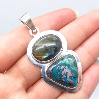 925 Sterling Silver Vintage Real Labradorite & Agate Gemstone Pendant
