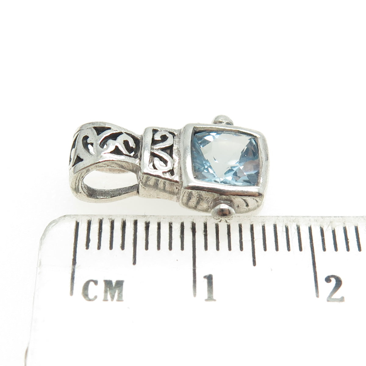 925 Sterling Silver Vintage Real Cushion-Cut Blue Topaz Ornate Pendant