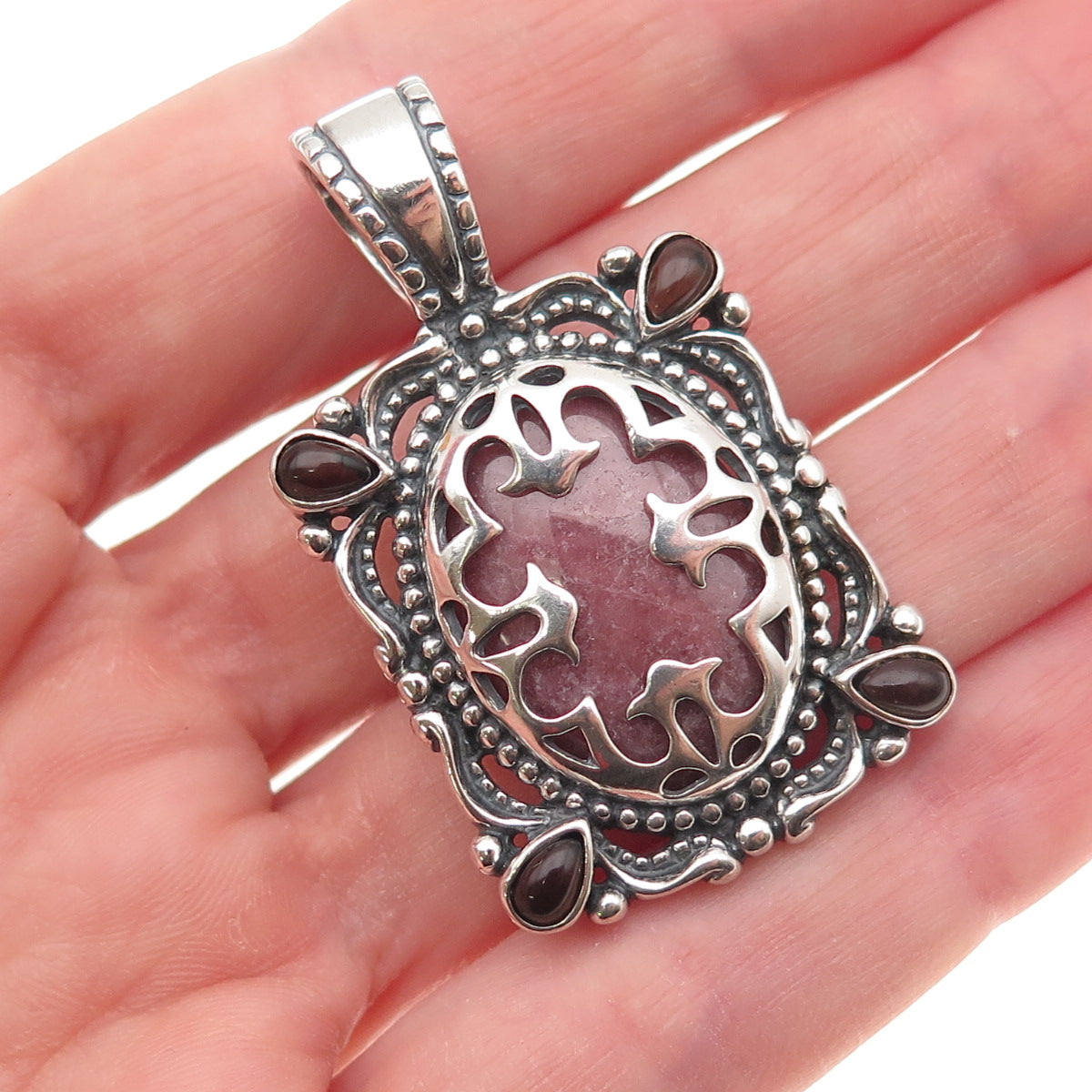 Carolyn Pollack 925 Sterling Silver Vintage Real Rhodonite Smoky Quartz Pendant