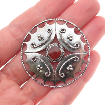 925 Sterling Silver Vintage Real Carnelian Modernist Oxidized Pin Brooch