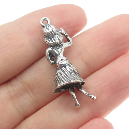 925 Sterling Silver Vintage Hawaiian Hula Dancer 3D Charm Pendant