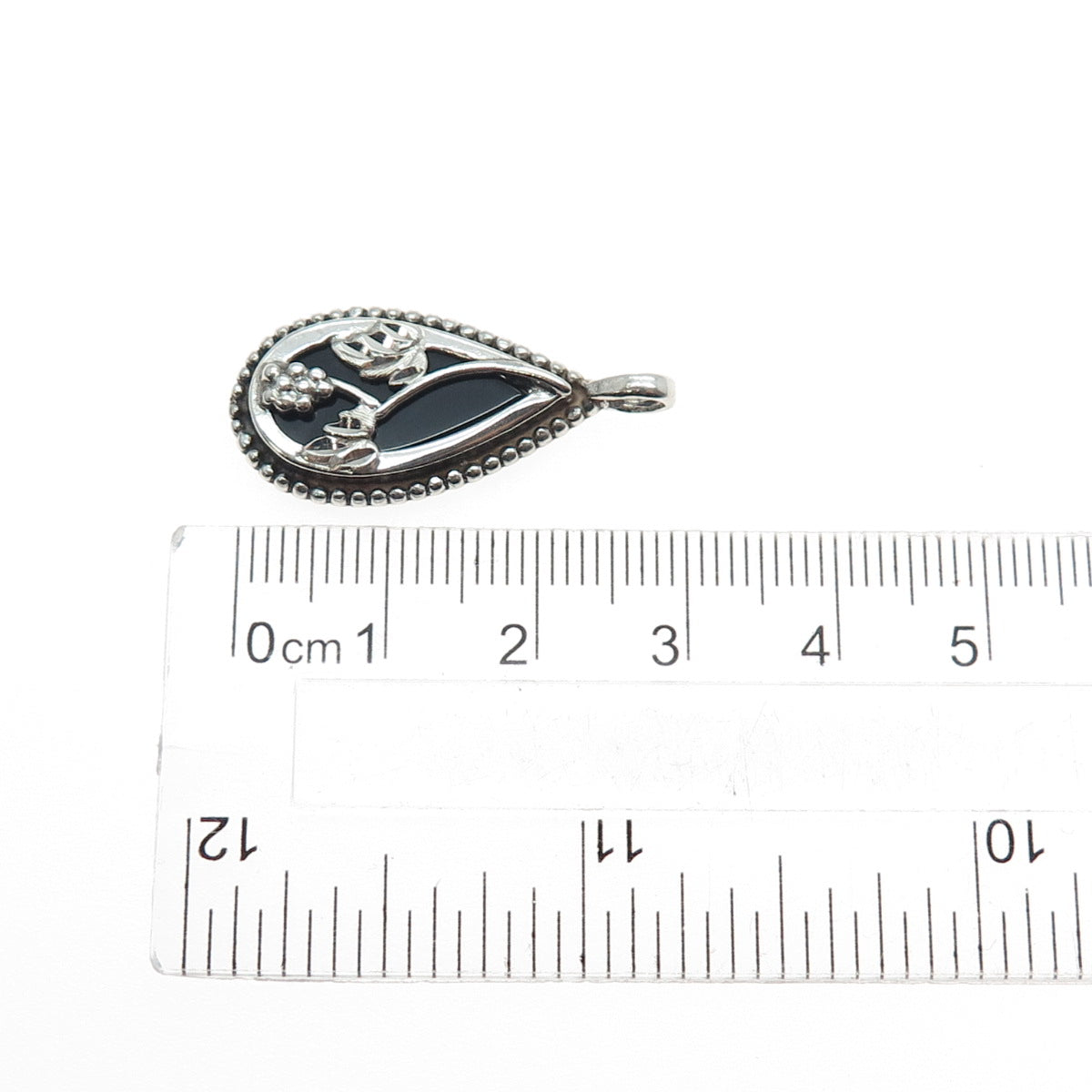 CAROLYN POLLACK 925 Sterling Silver Vintage Real Black Onyx Floral Charm Pendant