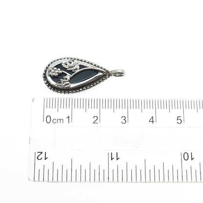 CAROLYN POLLACK 925 Sterling Silver Vintage Real Black Onyx Floral Charm Pendant