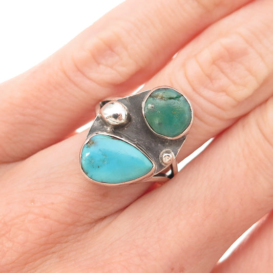 Old Pawn 925 Sterling Silver Vintage Southwestern Multi-Turquoise Ring Size 5.75