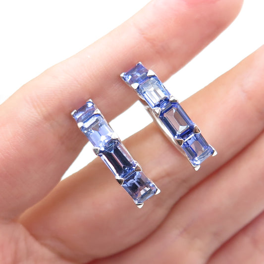 925 Sterling Silver Real Emerald-Cut Tanzanite Hoop Earrings