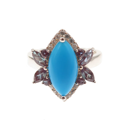 925 Sterling Silver Real Turquoise Peacock Sapphire & White Topaz Ring Size 8