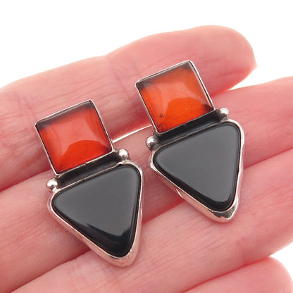 925 Sterling Silver Vintage Real Black Onyx & Amber Modernist Earrings