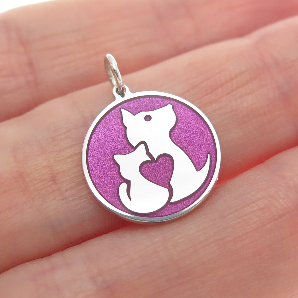 925 Sterling Silver Purple Enamel Dog & Cat Friendship Minimalist Charm Pendant