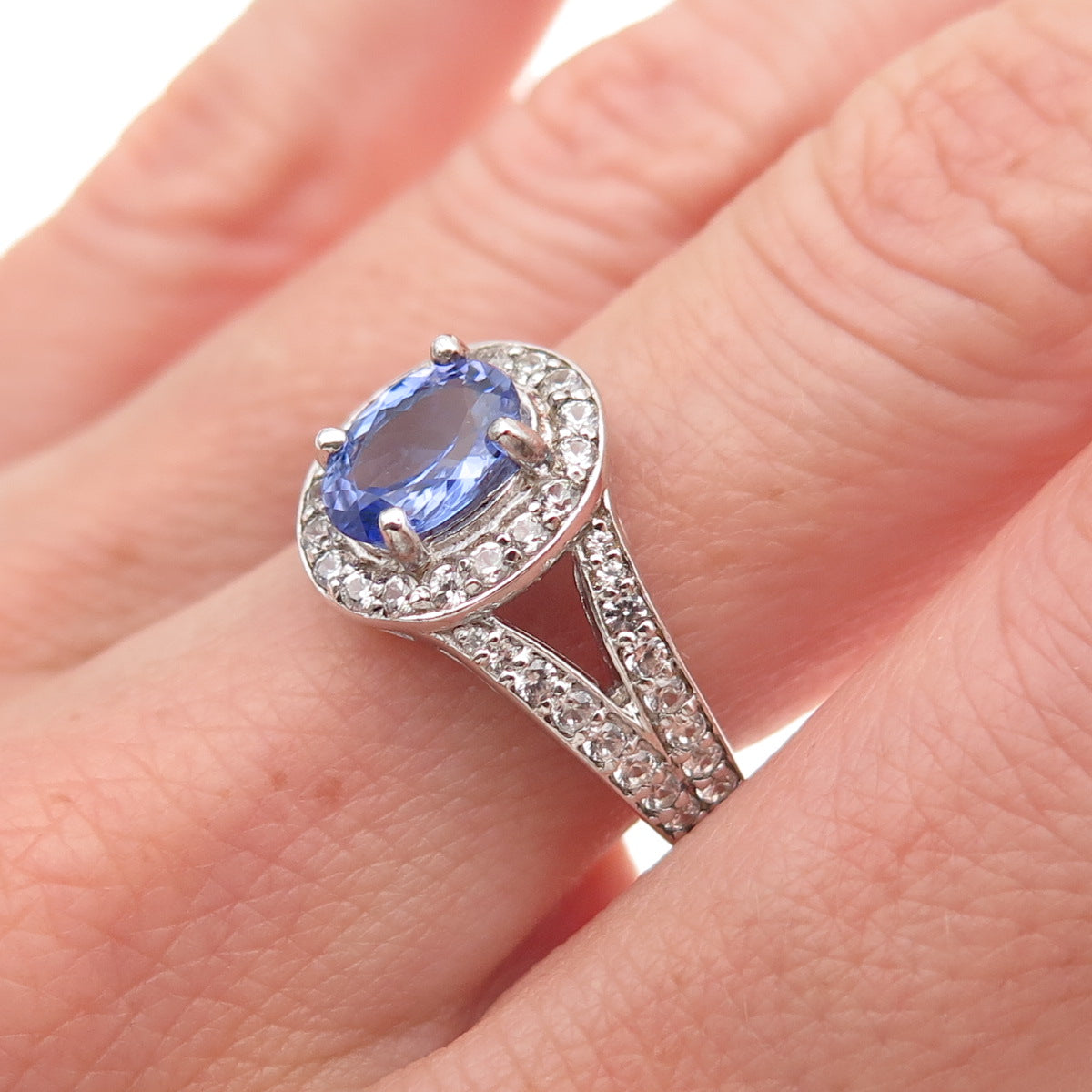 925 Sterling Silver Real Oval-Cut Tanzanite & Round-Cut White Topaz Ring Size 8