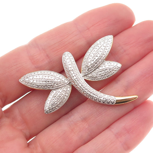 925 Sterling Silver Gold Plated Real Diamond Accent Dragonfly Pin Brooch