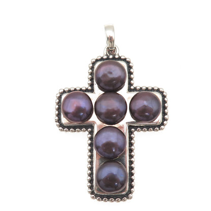 Honora 925 Sterling Silver Vintage Real Tahitian Pearl Cross Oxidized Pendant