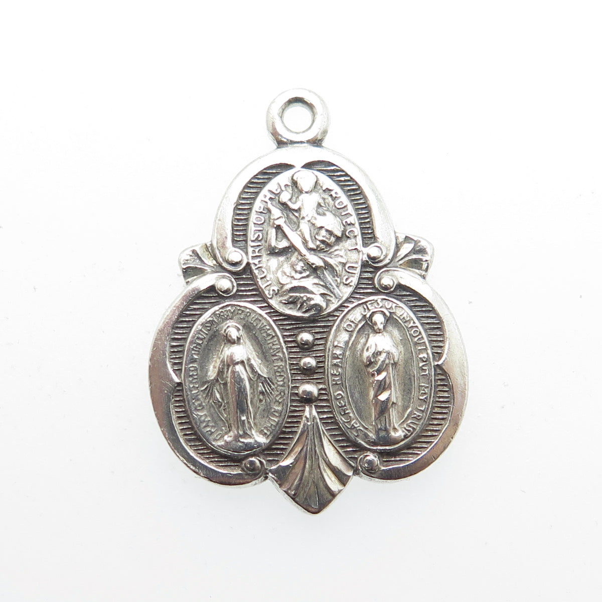 925 Sterling Silver Antique Jesus Saint Mary & Christopher Religious Pendant