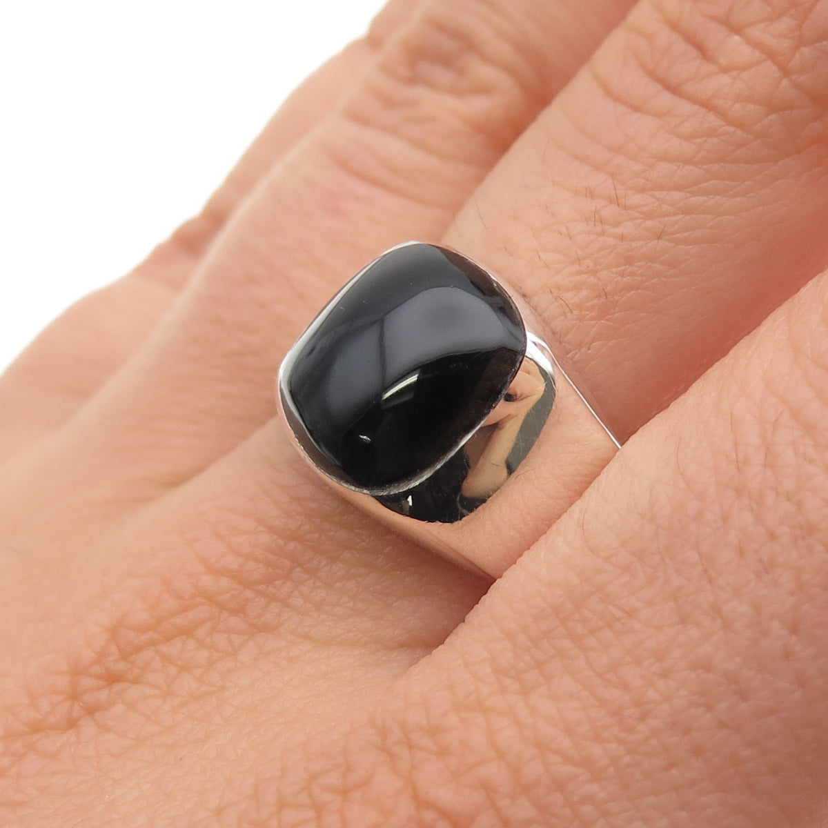 925 Sterling Silver Vintage Mexico Real Black Onyx Modernist Ring Size 12